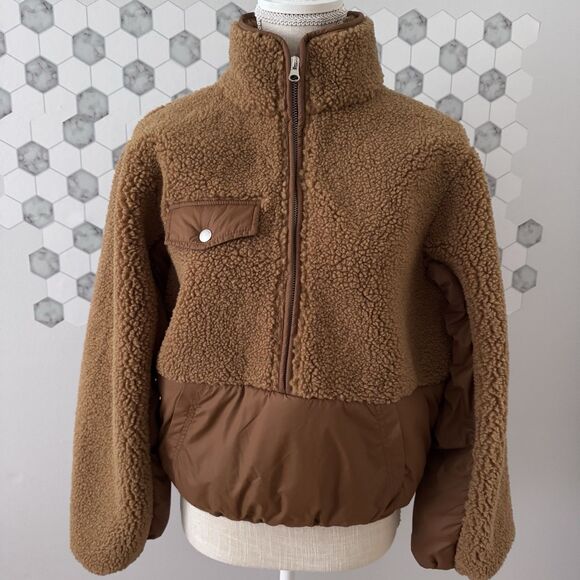 NWT FRAME Tan Fleece Mix Pullover Recycled Sherpa Size Small